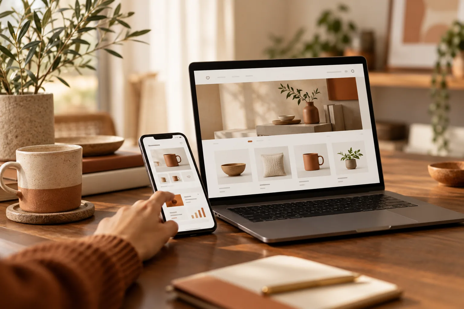 A small business owner using a phone beside a laptop displaying an online shop